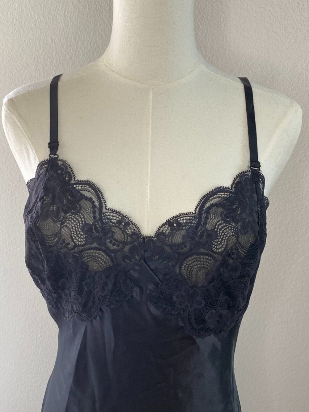 Vintage Black Satin Lace Trim Slip Dress Midi Adjustable Straps